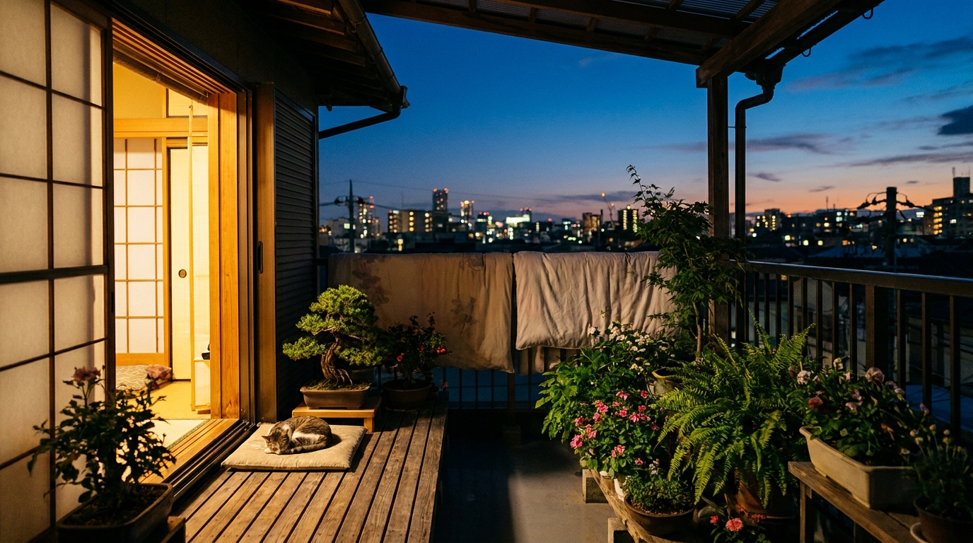 Open balcony of a Japanese apartment at night