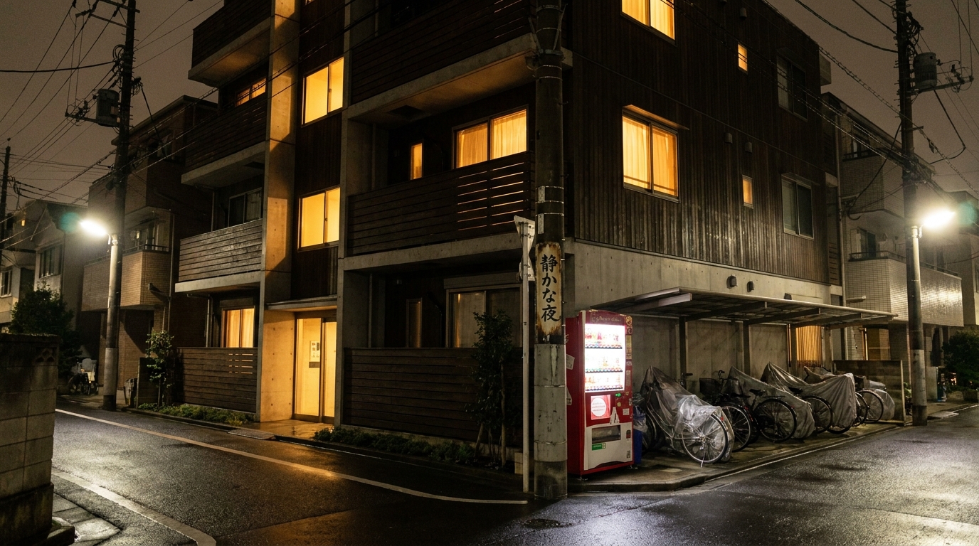 Quiet residential Japanese apartment building at night
