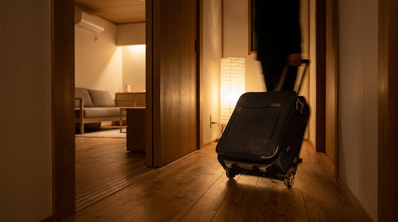 Suitcase being rolled across wooden floor at night
