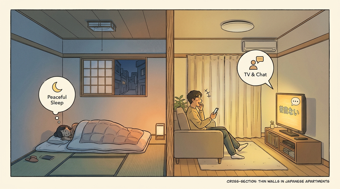 Cross-section showing sound passing through thin Japanese apartment walls