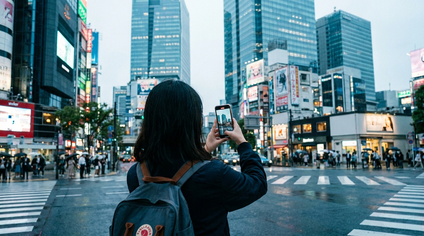 Tourist using Google Maps at Tokyo intersection