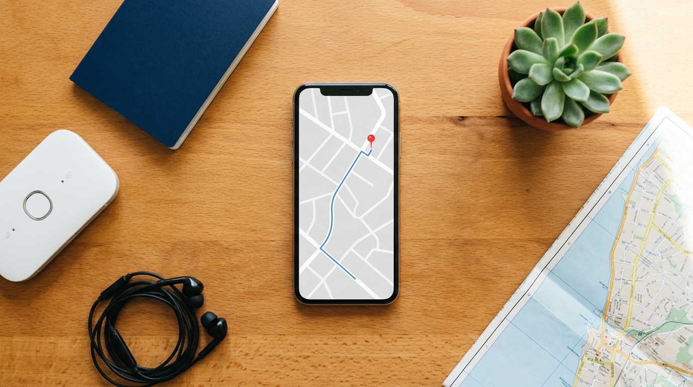 Travel setup flat lay with smartphone showing map