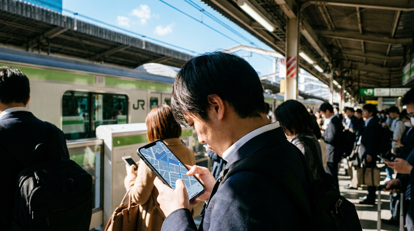 Passenger checking smartphone on JR Yamanote line platform