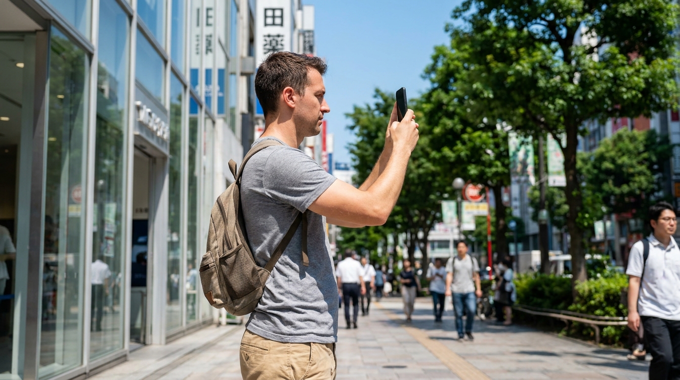 Tourist using Live View AR navigation on Shibuya street