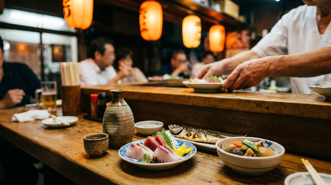 Japanese izakaya counter with sushi at night