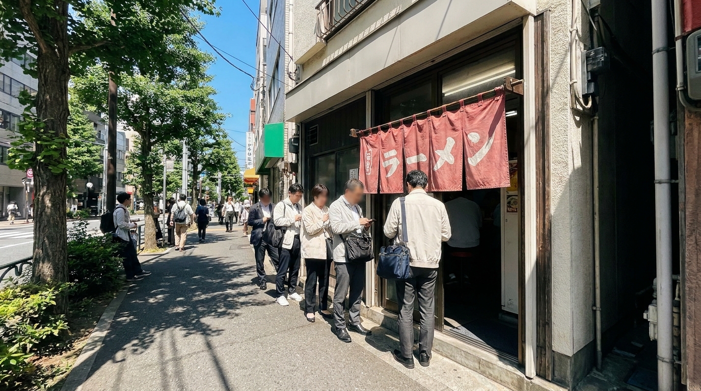 Sunny lunchtime queue at Tokyo ramen shop