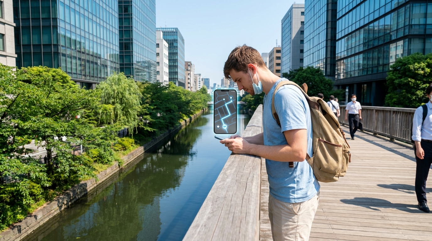 Tourist using smartphone on Tokyo bridge