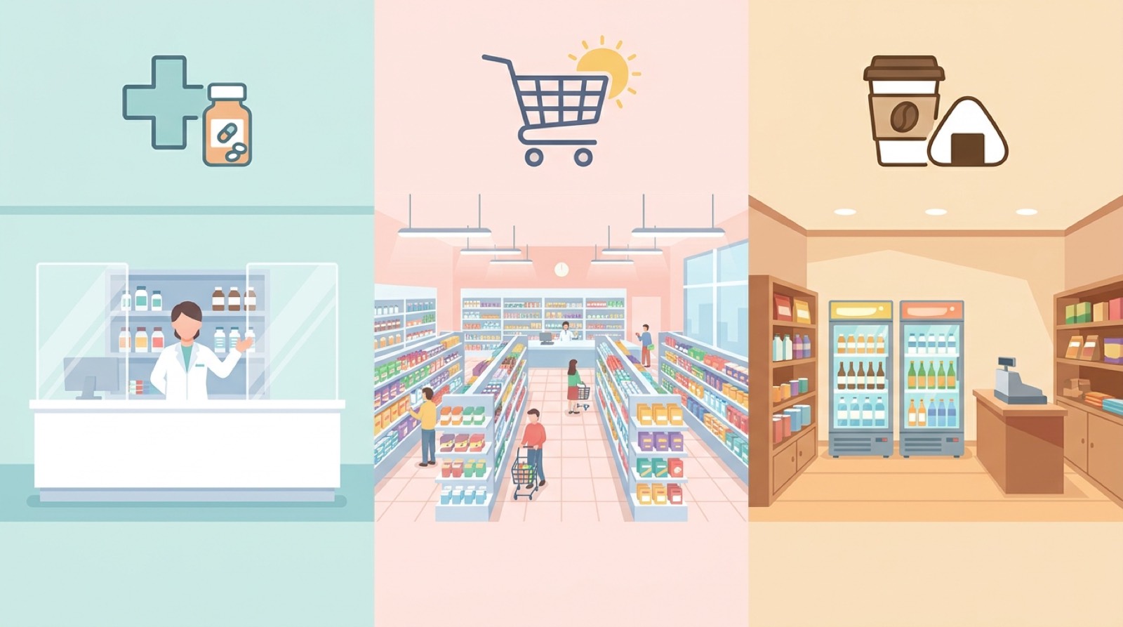 Pharmacy vs drugstore vs konbini comparison