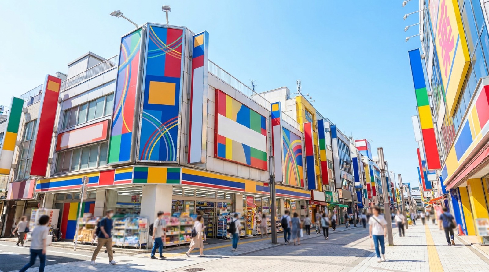 Tokyo shopping street with multiple drugstore signs