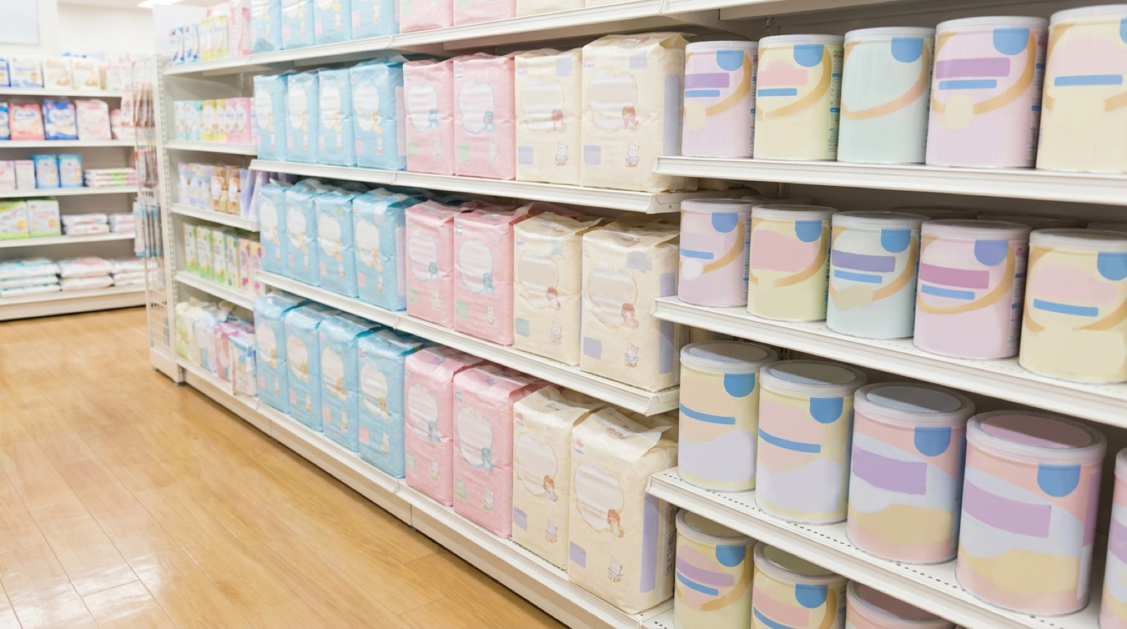 Drugstore baby supplies aisle with diapers and formula