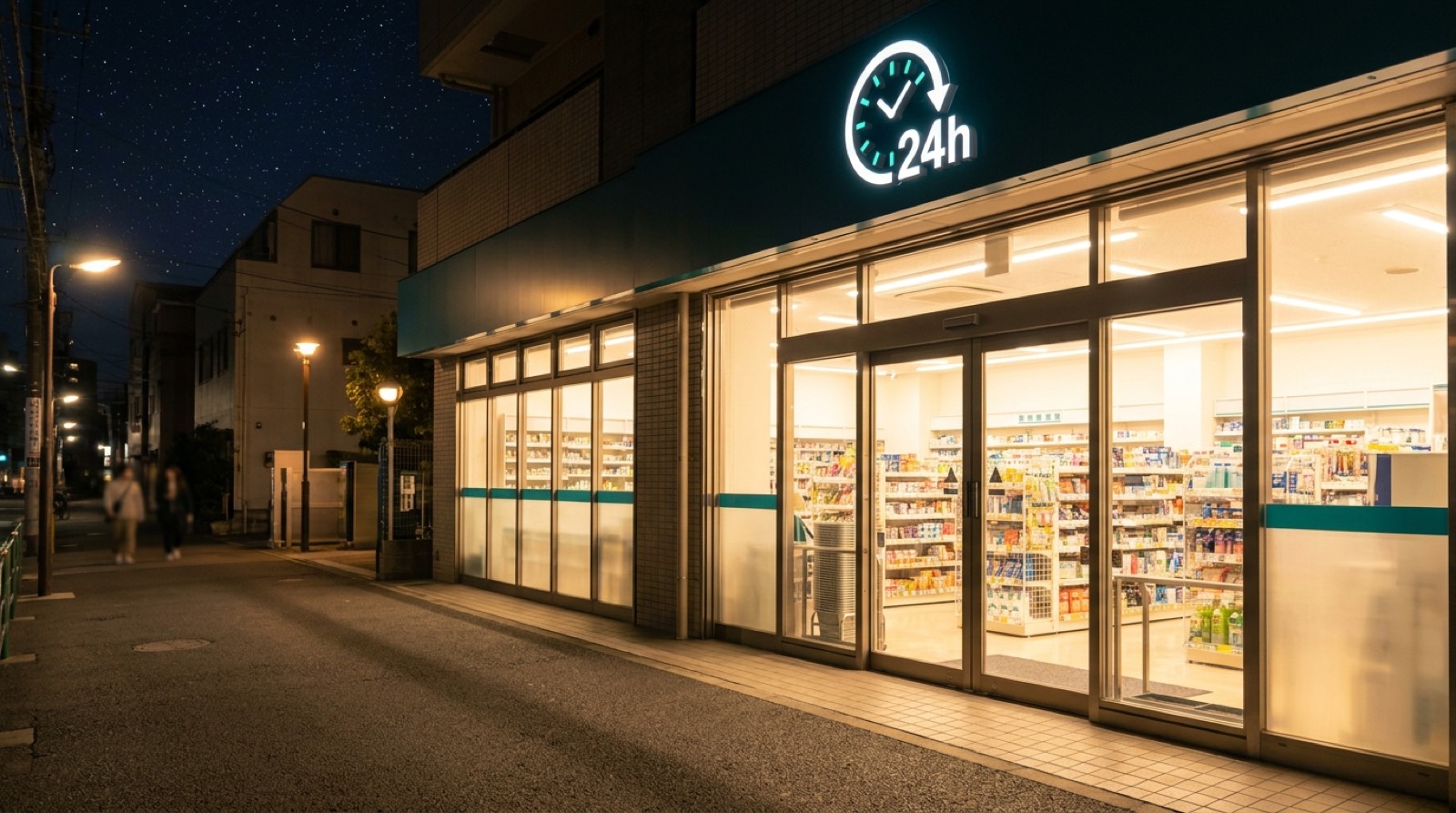 24-hour drugstore exterior at night