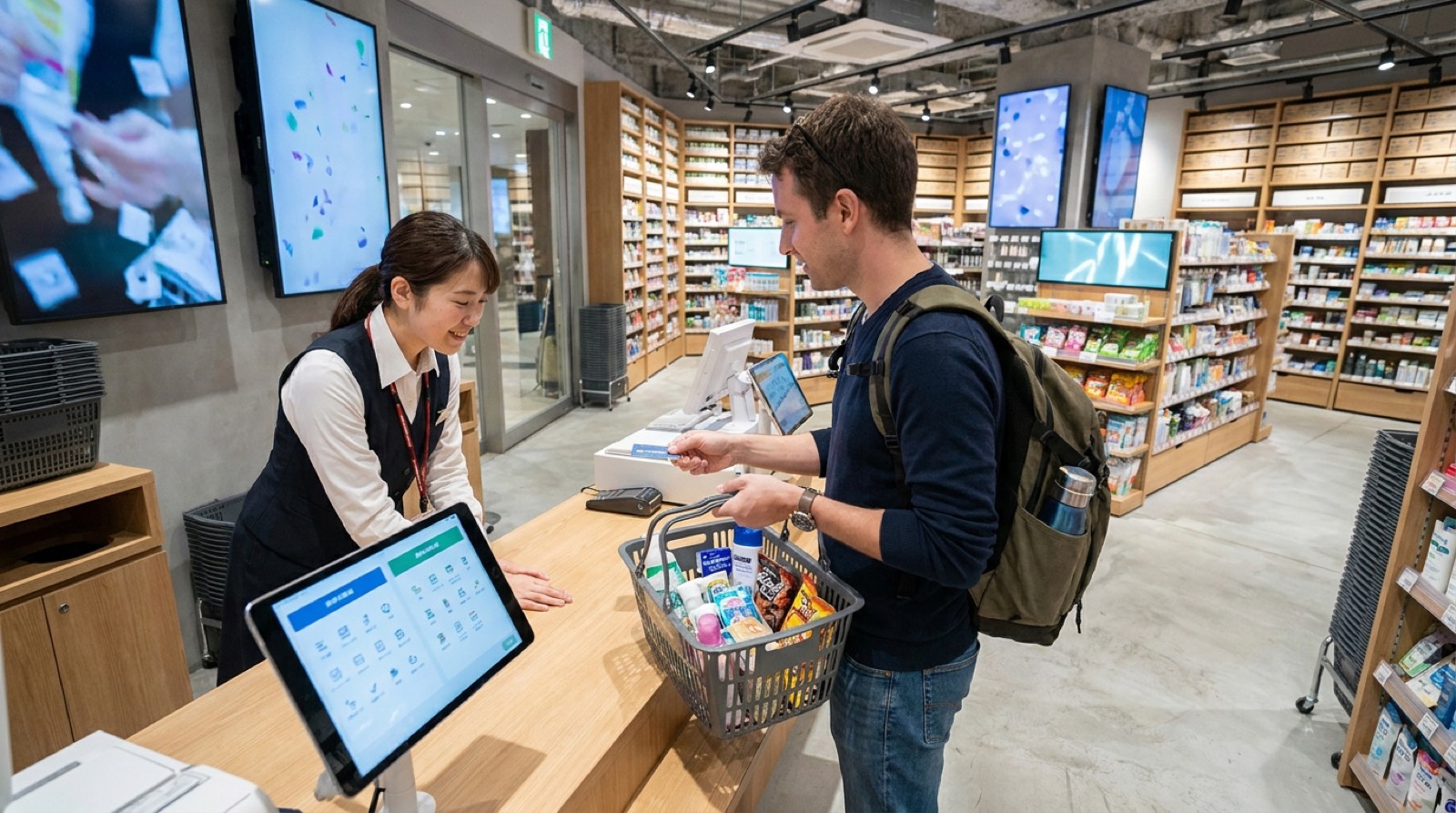 Drugstore checkout counter with translation tablet