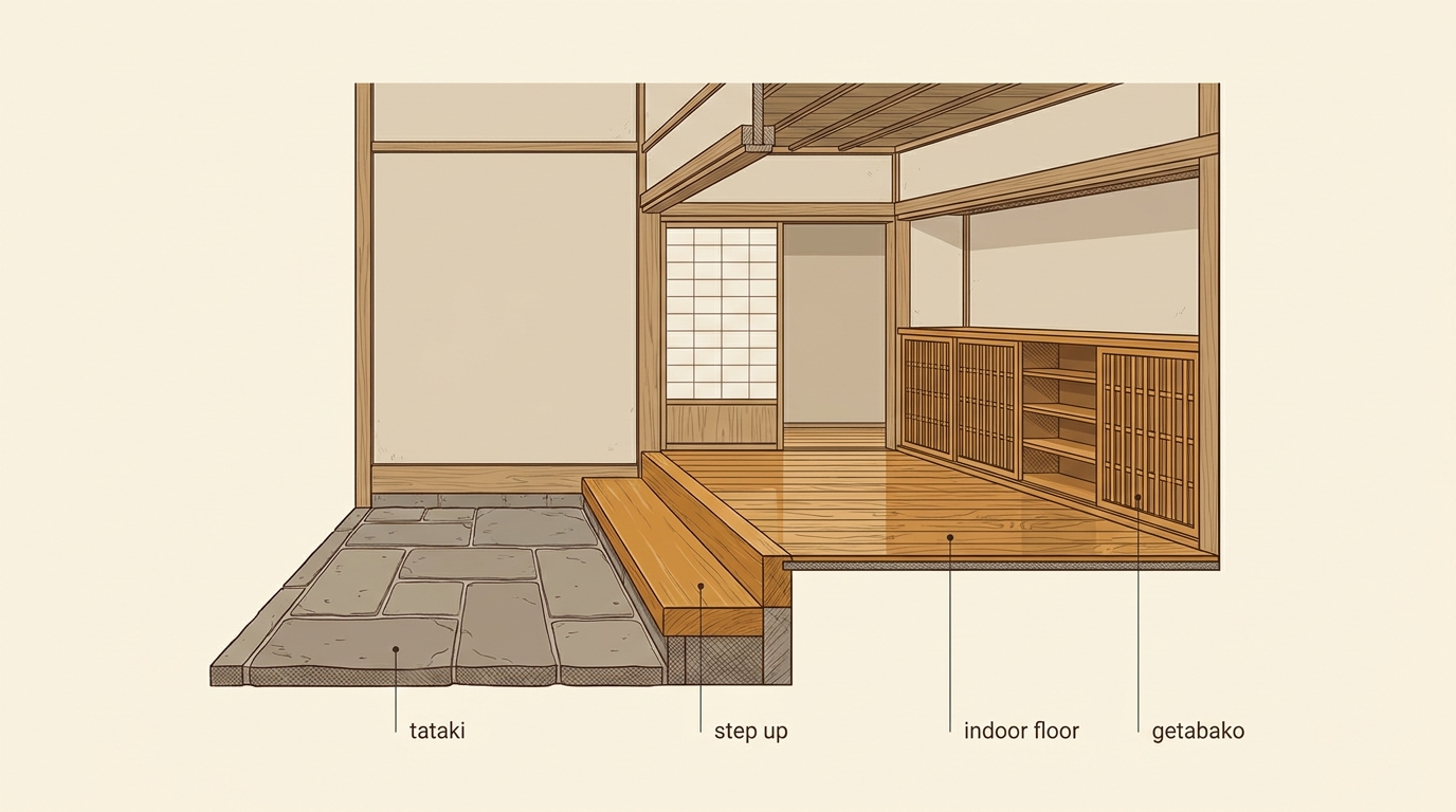 Cross-section diagram of a Japanese genkan entryway