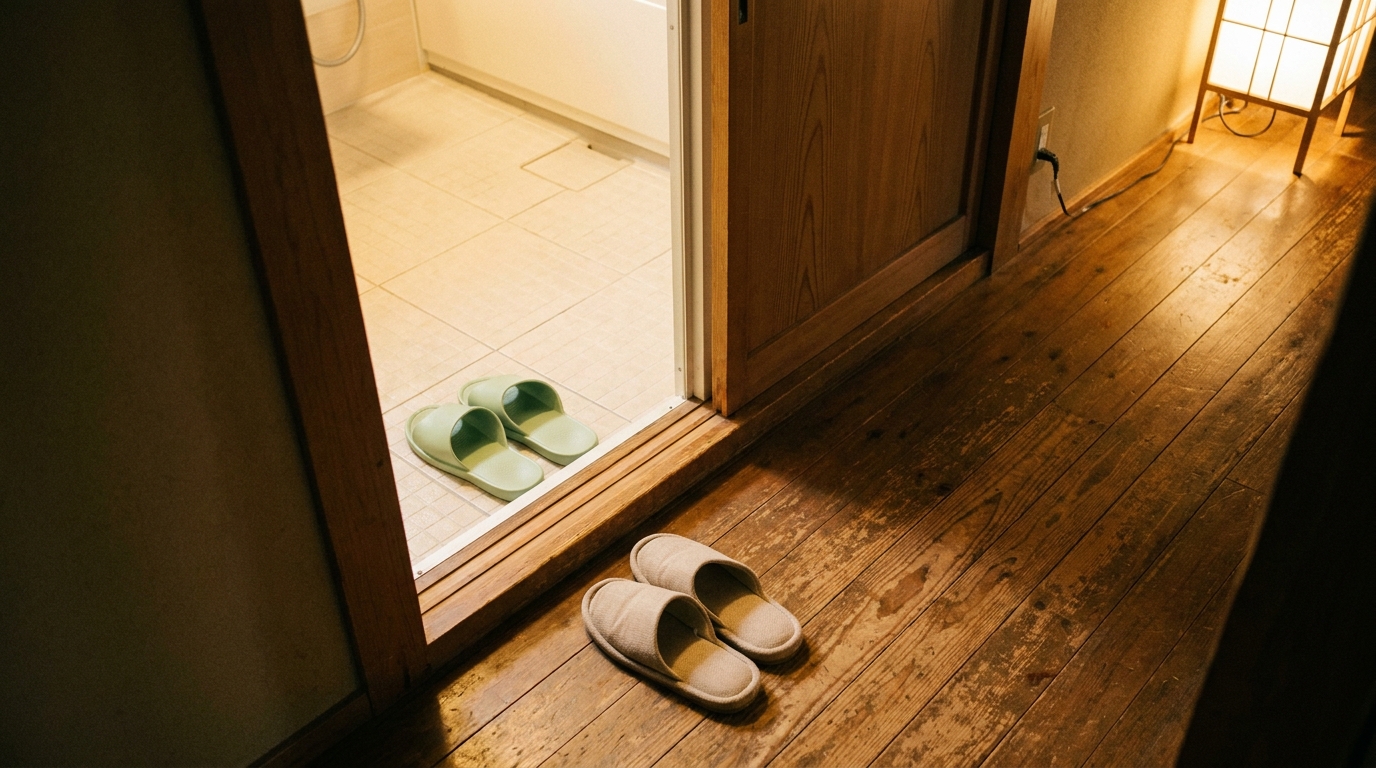 Toilet slippers waiting inside the bathroom doorway