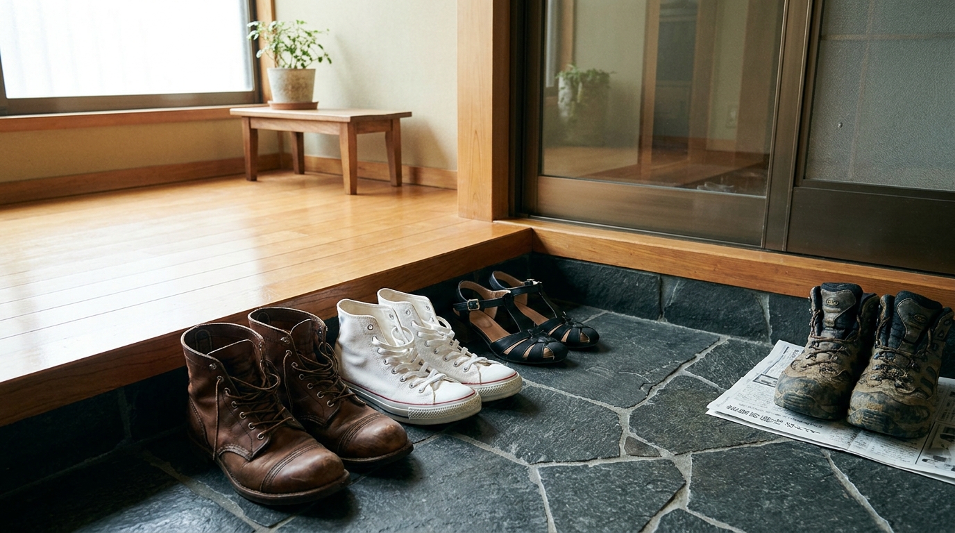 Western-style boots and sneakers in a Japanese entryway