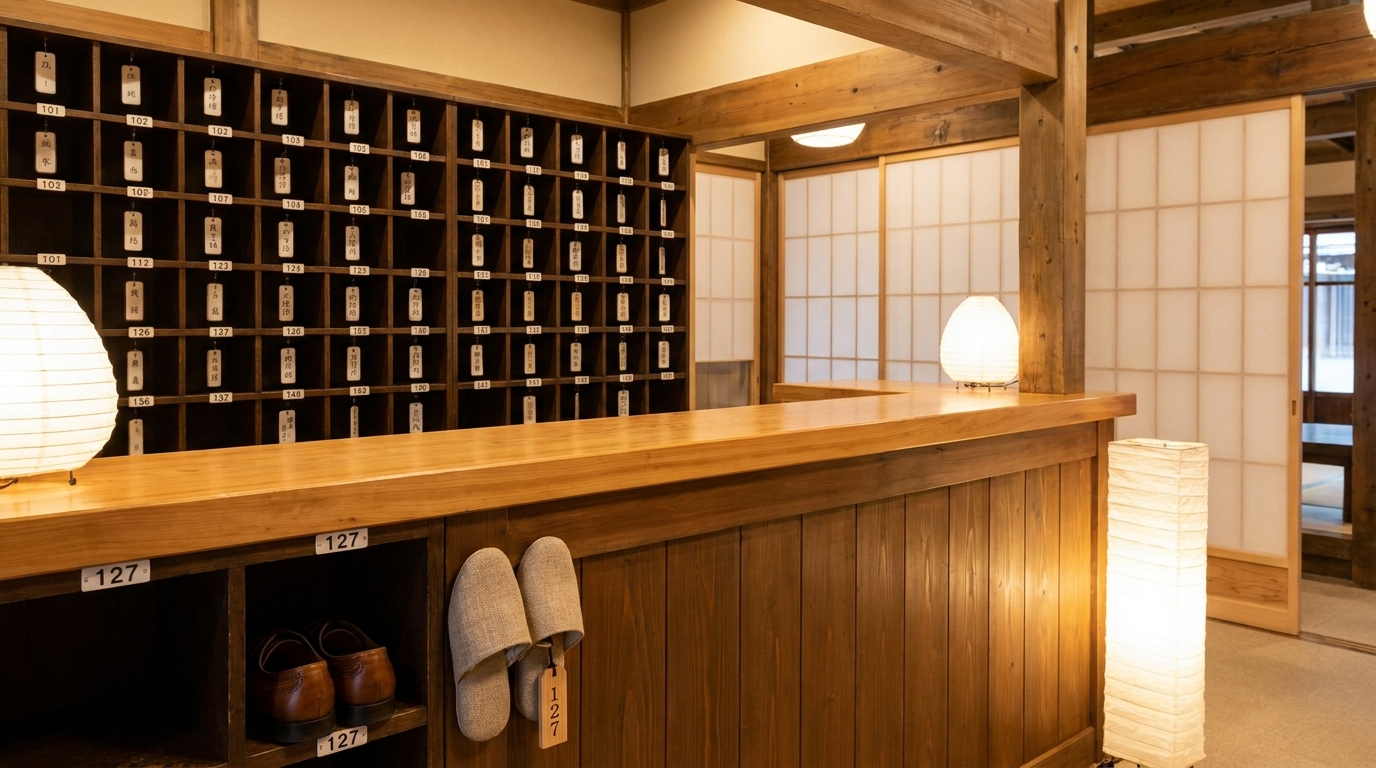 Ryokan front desk with numbered shoe storage