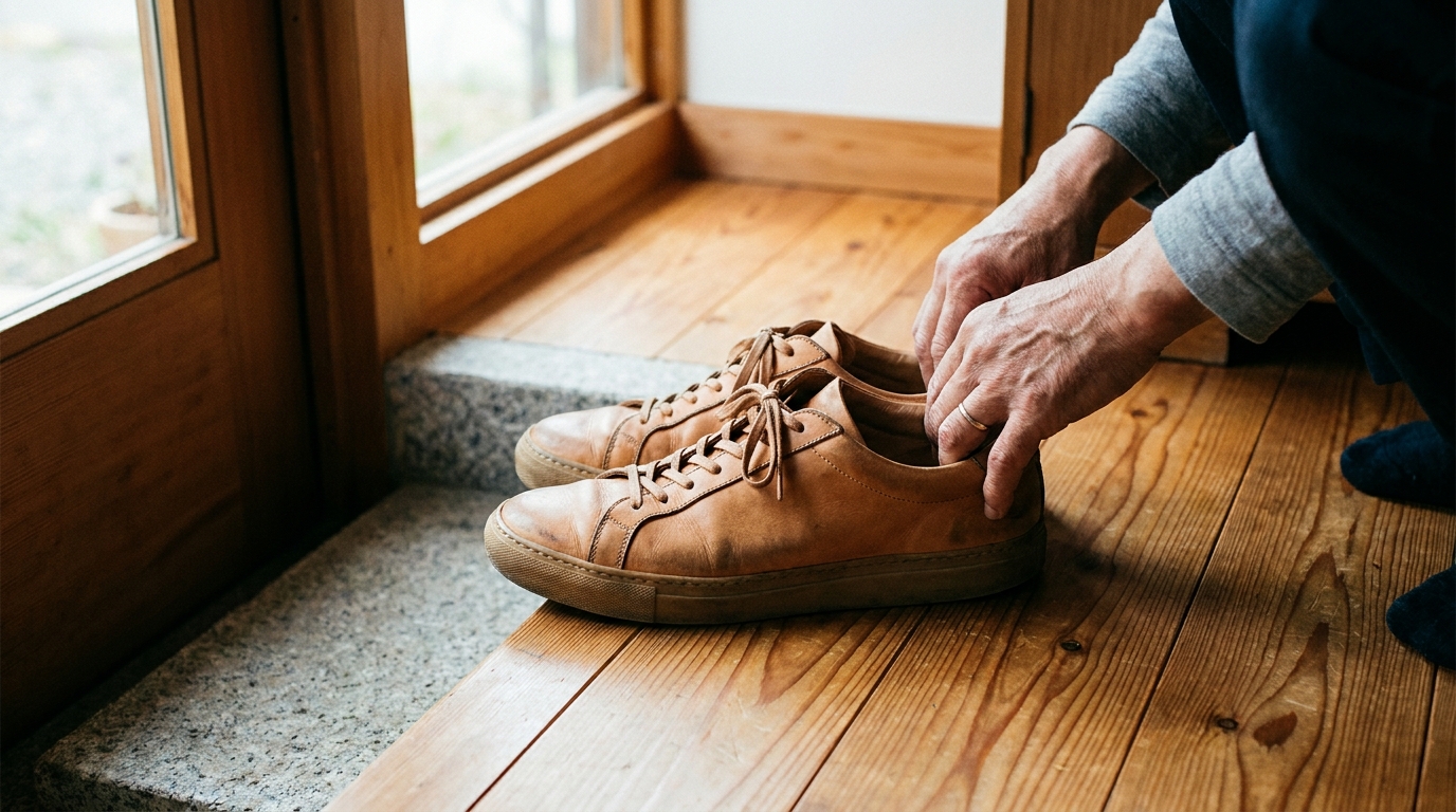 Hands arranging shoes neatly to face the door