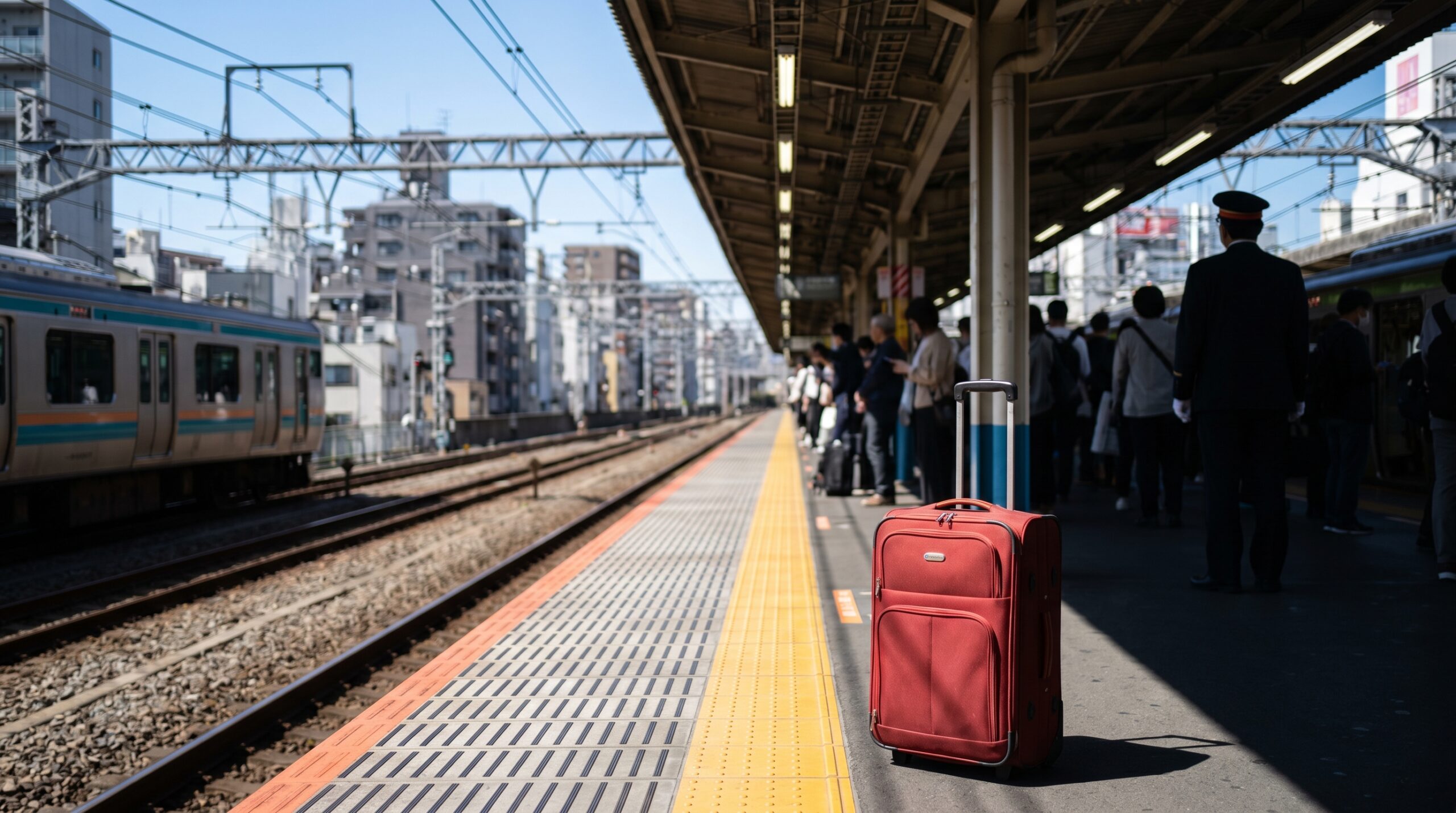 Red suitcase left unattended on a Tokyo train platform