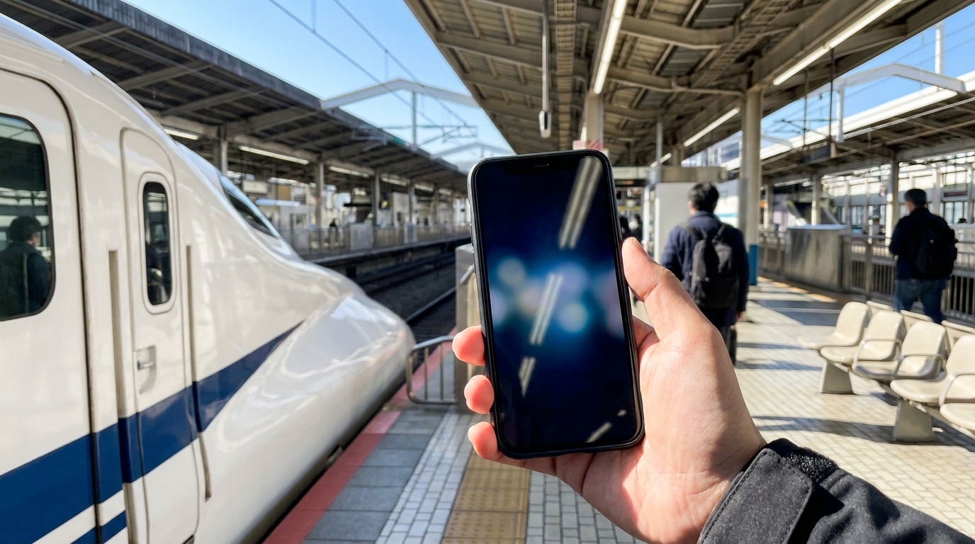 Tokyo Station Shinkansen platform with N700 series and a hand holding a smartphone