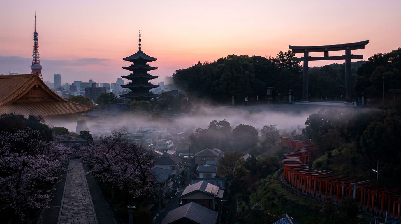 Tokyo temple and shrine skyline at dawn — eyecatch