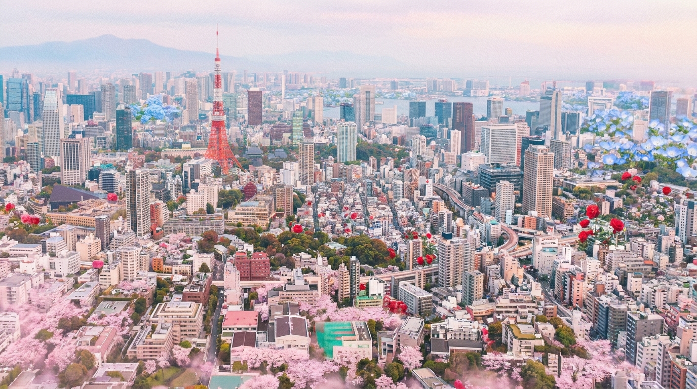 Tokyo cityscape with overlapping seasonal flowers