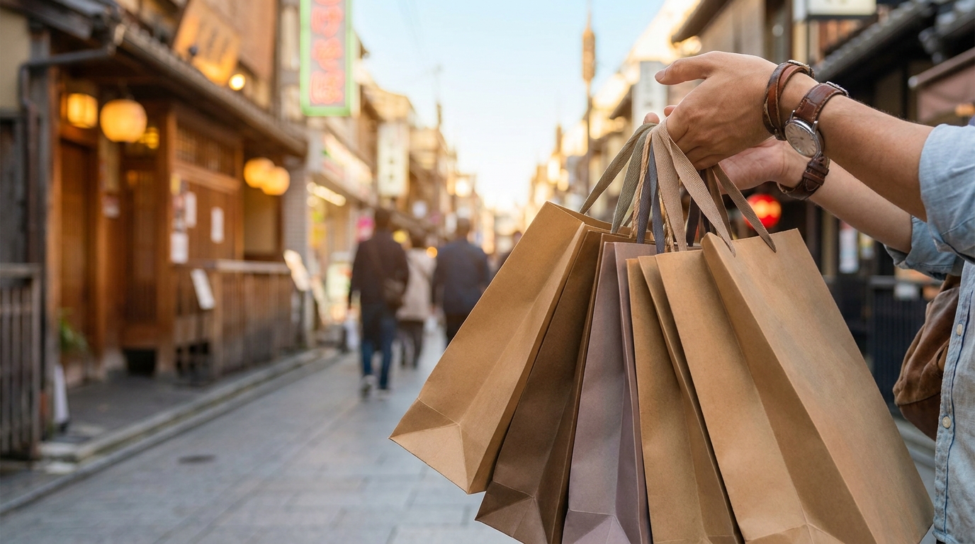 Tokyo shopping street with traveler holding shopping bags