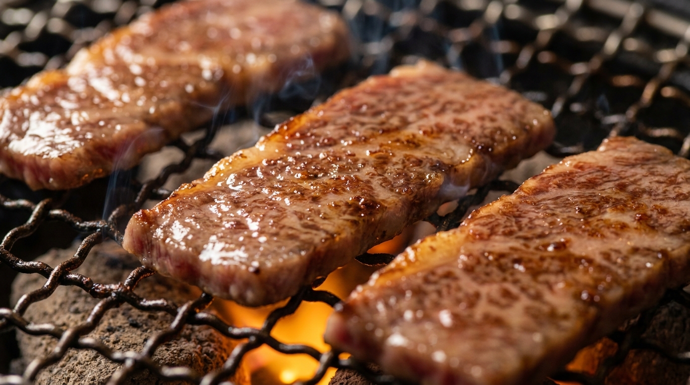 Premium Japanese A5 wagyu beef slices grilling on a charcoal grill
