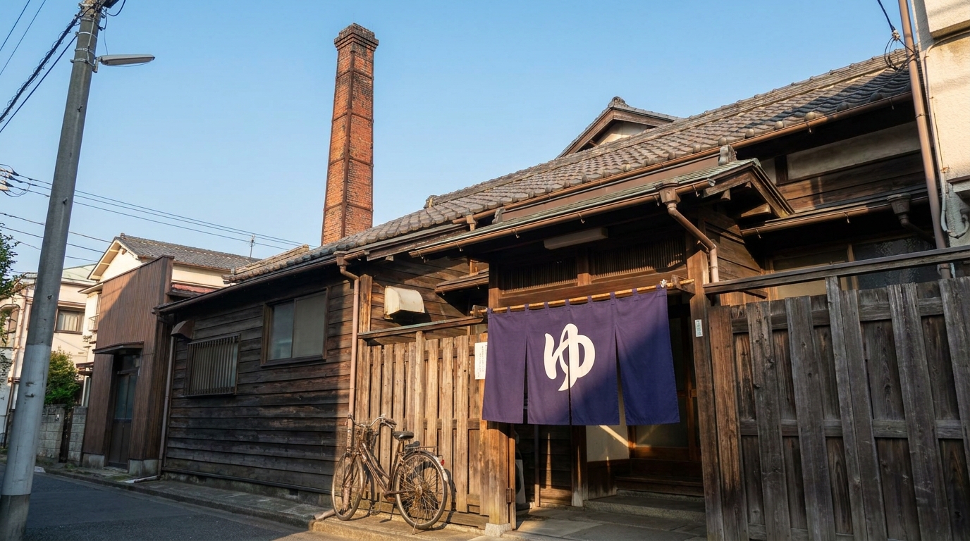 Traditional Japanese sento exterior with chimney and noren — Tokyo onsen etiquette guide