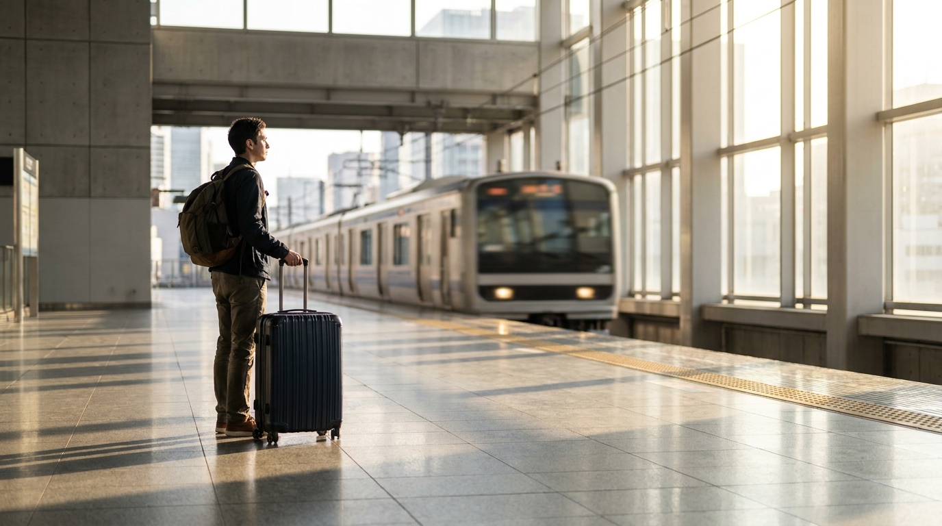 Foreign traveler arriving at Tokyo airport platform