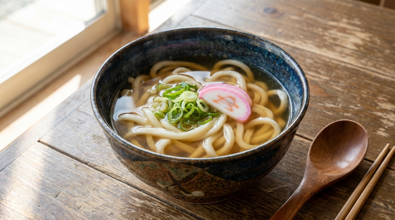Hot kake udon with thick chewy wheat noodles in soy-dashi broth, garnished with scallions and kamaboko (illustrative image)