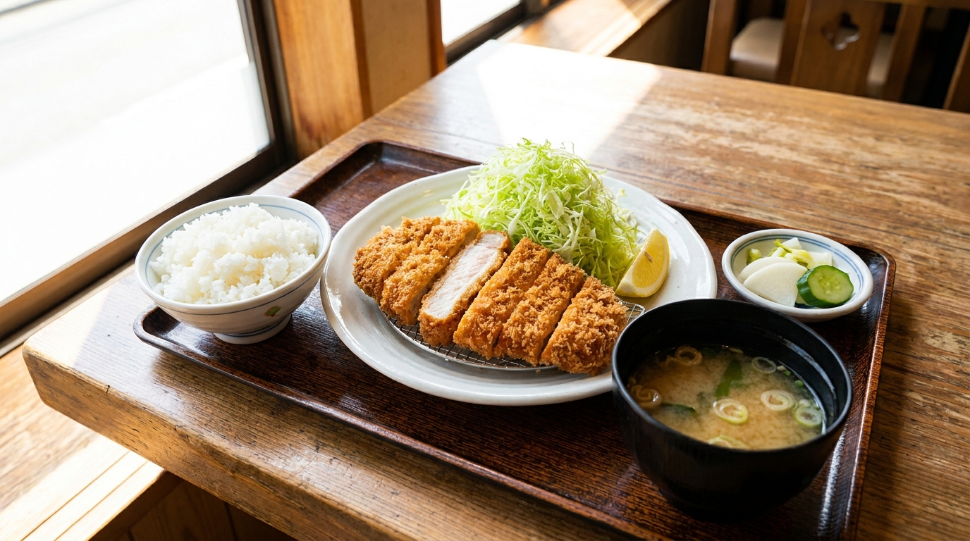 Tokyo tonkatsu set with golden rosu cutlet, shredded cabbage, rice and miso soup (illustrative image)