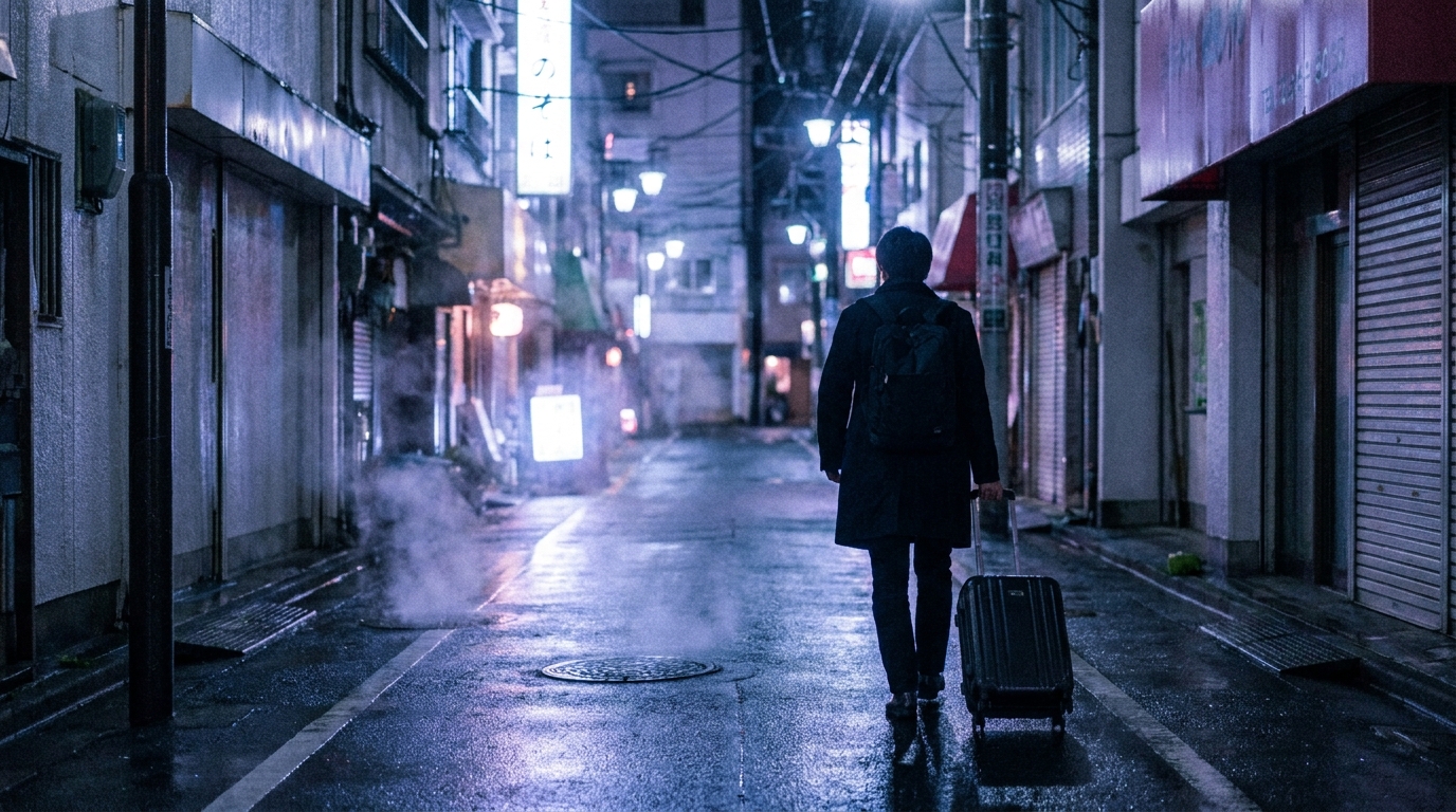 Late-night Tokyo street with traveler pulling suitcase
