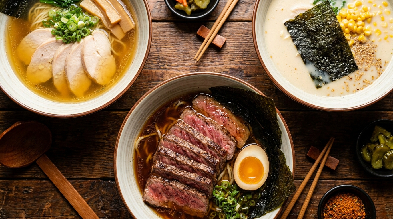 Three halal ramen bowls overhead