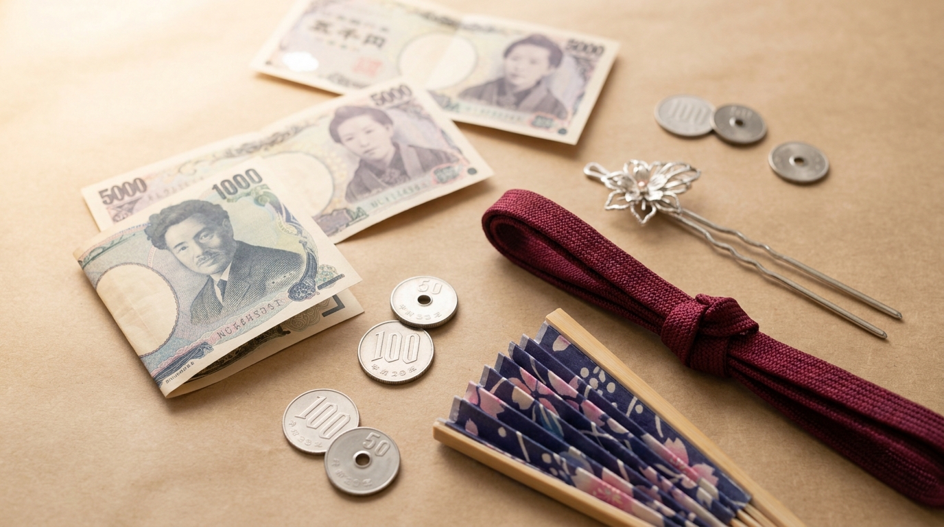 Japanese yen banknotes and traditional kimono accessories in a flat lay