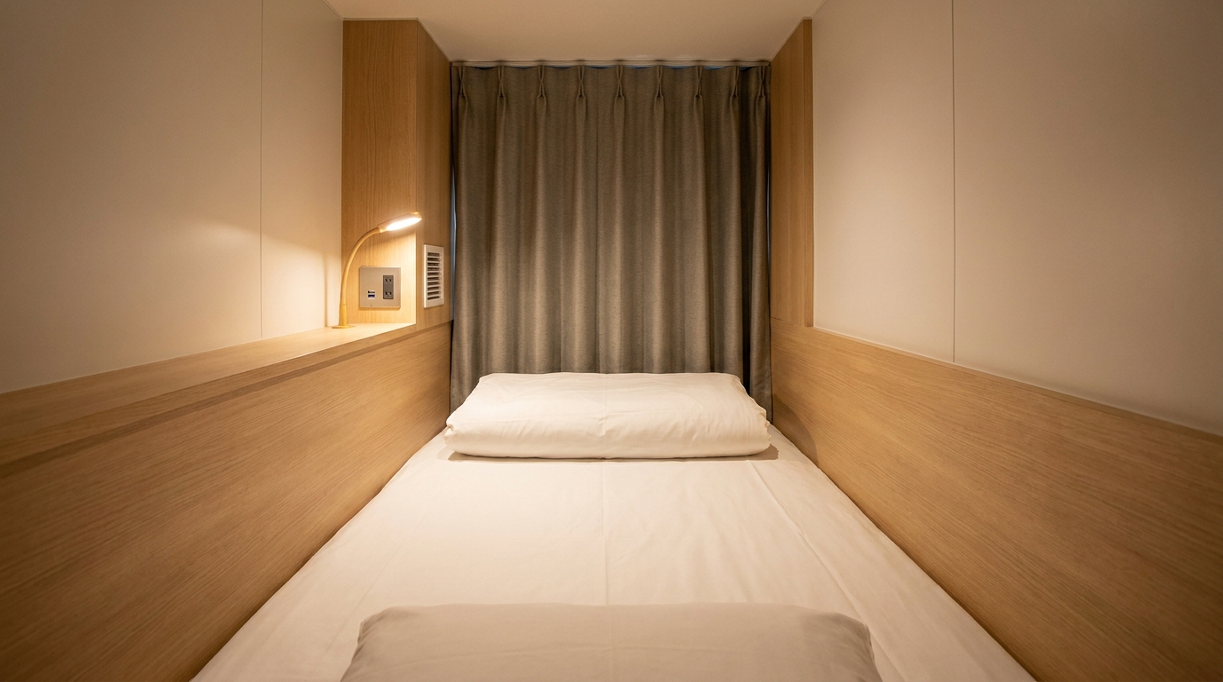 Modern Japanese capsule hotel pod interior