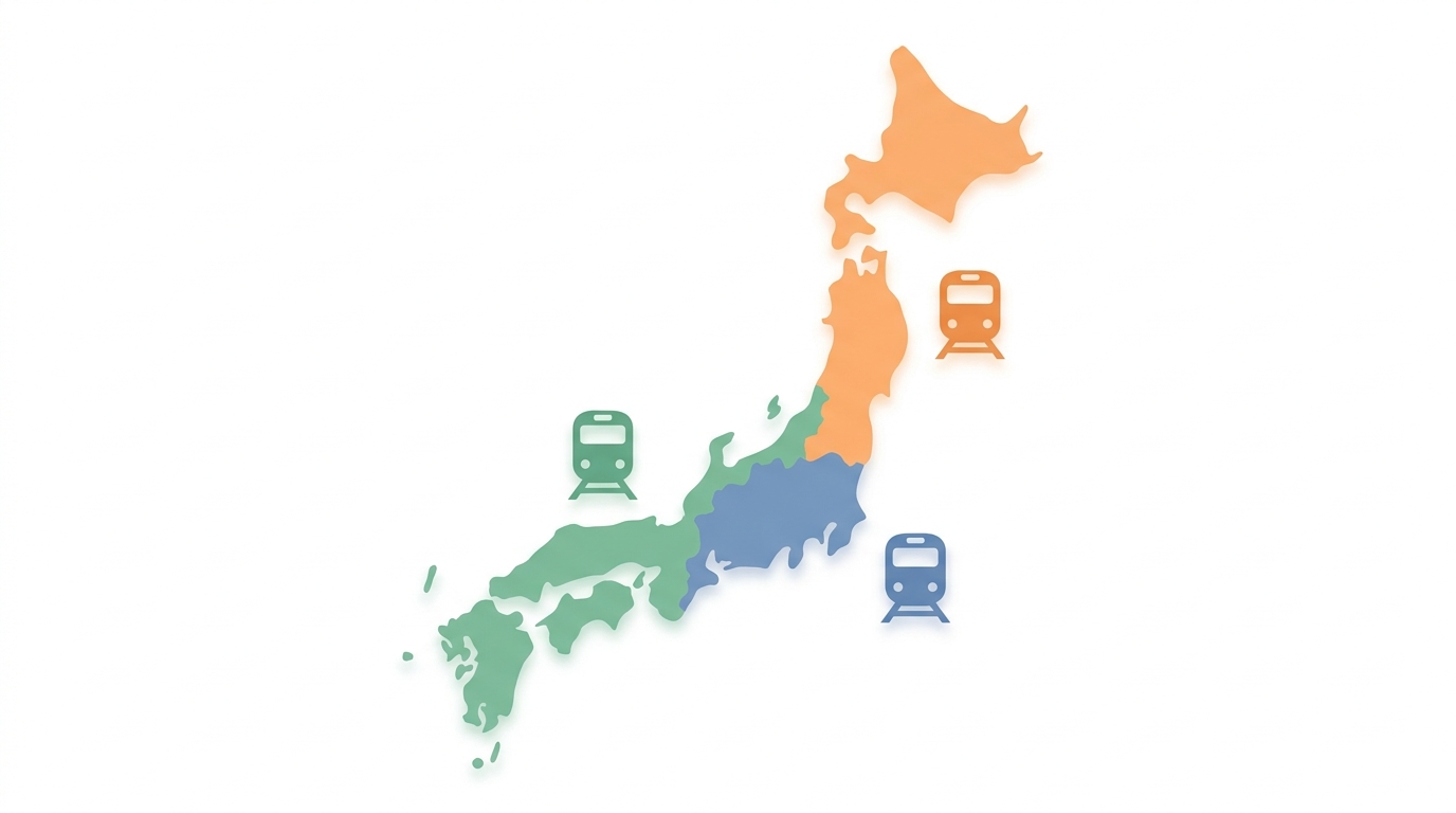 Map of Japan divided into three colored regions for SmartEX, JR-EAST, and JR-WEST