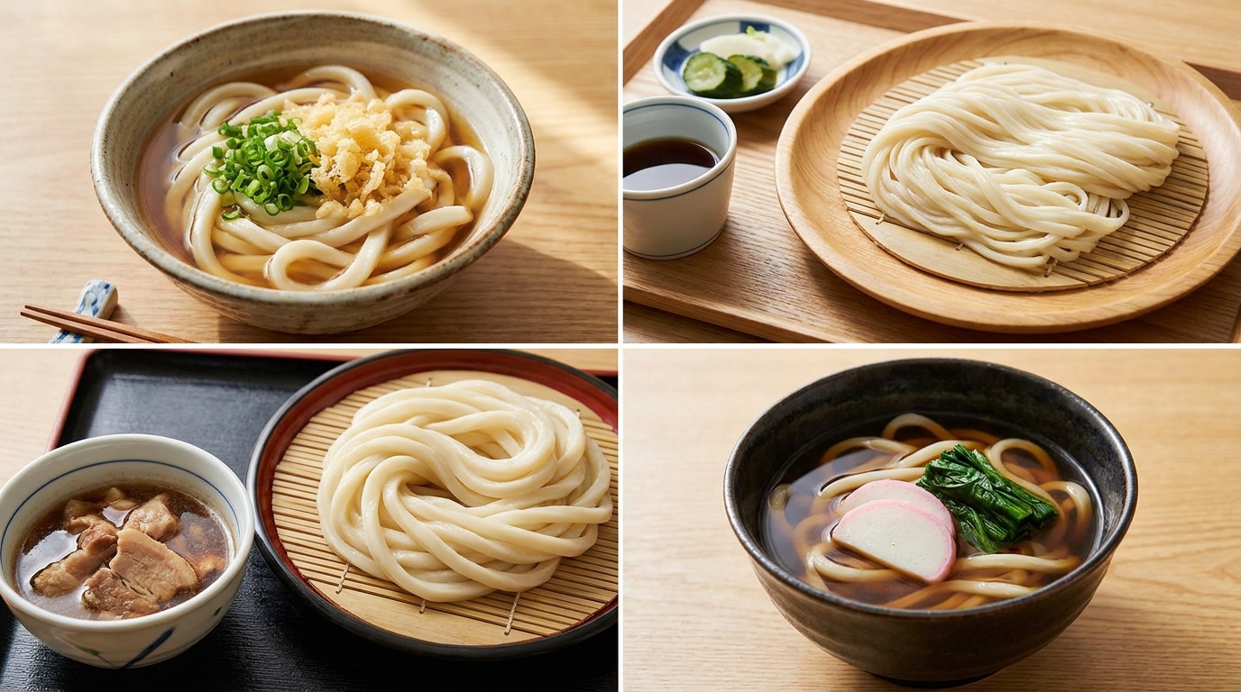 Four regional Japanese udon styles compared: Sanuki, Inaniwa, Musashino, and Kanto kake (illustrative image)