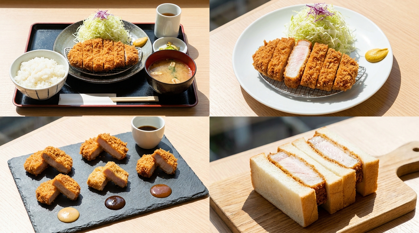 Four tiers of Tokyo tonkatsu: lunch set, mid-range, premium kuro-buta, and katsu sando (illustrative image)