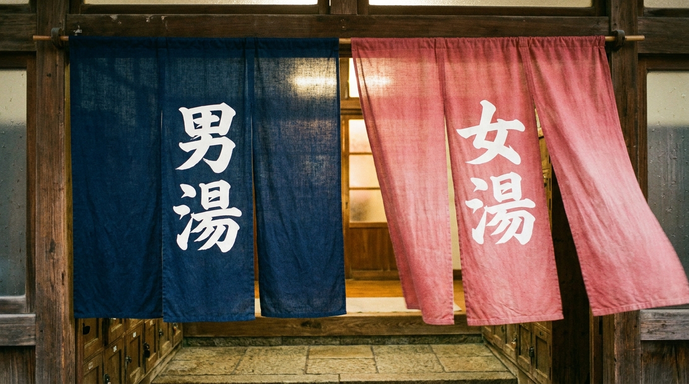 Men's bath and women's bath noren curtains at a Japanese sento entrance