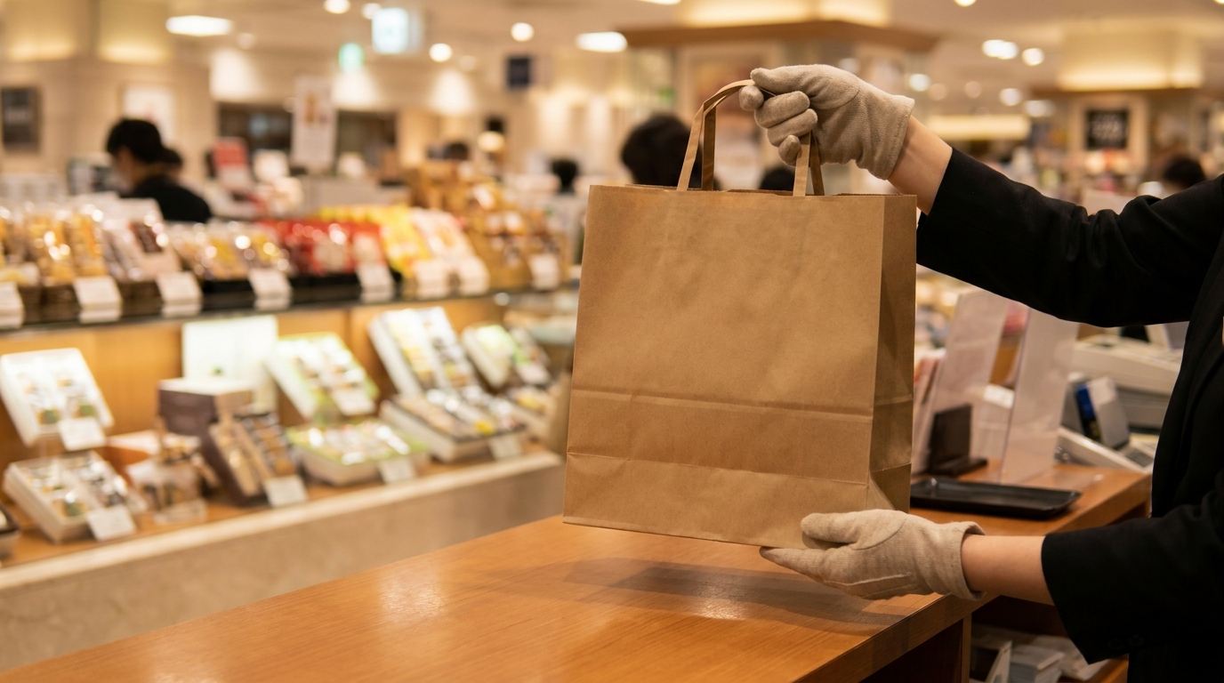 Department store cashier handing over a paper shopping bag