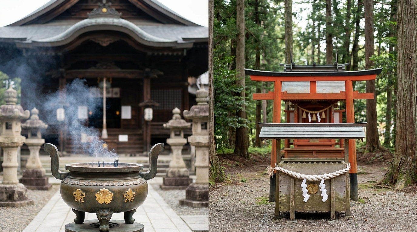 Buddhist temple vs Shinto shrine visual comparison