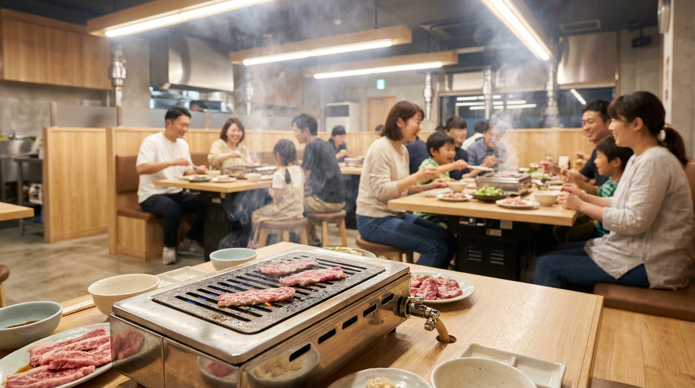 Casual Japanese yakiniku chain restaurant interior with families dining