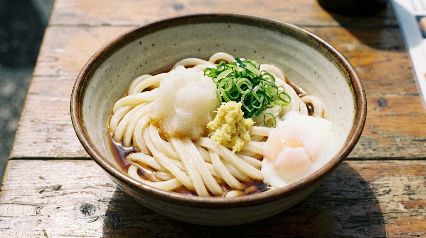 Bukkake udon with cold noodles, soy-dashi pour, grated daikon, scallion, and a soft-boiled egg (illustrative image)