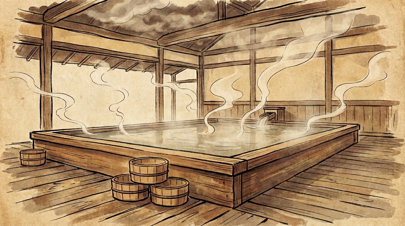 Edo period Japanese bathhouse interior in ukiyo-e woodblock style