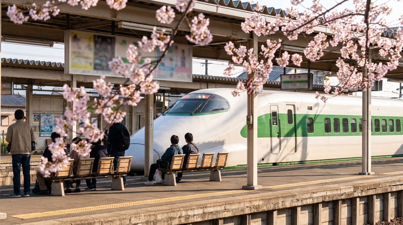 E5 series shinkansen at Tohoku regional station with cherry blossoms