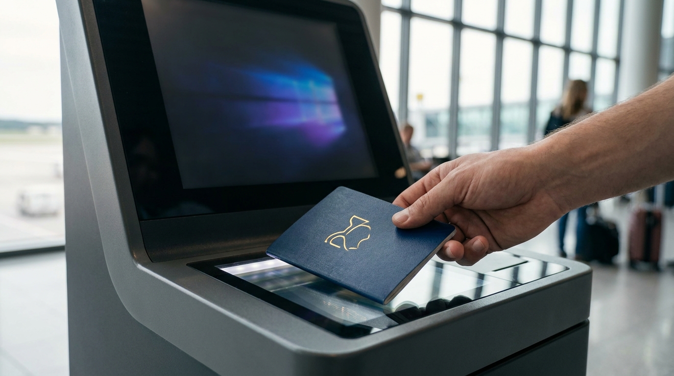 Hand placing a passport on an airport self-service kiosk
