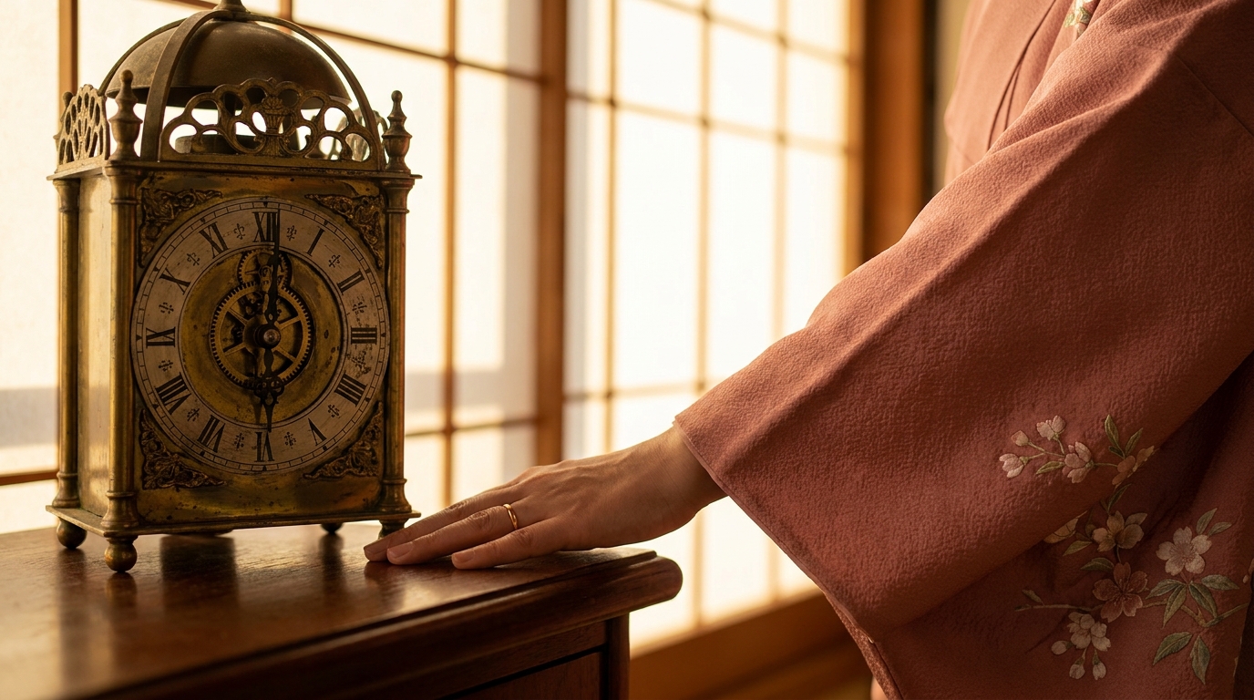 Close-up of a kimono sleeve and feminine hand near an antique Japanese clock
