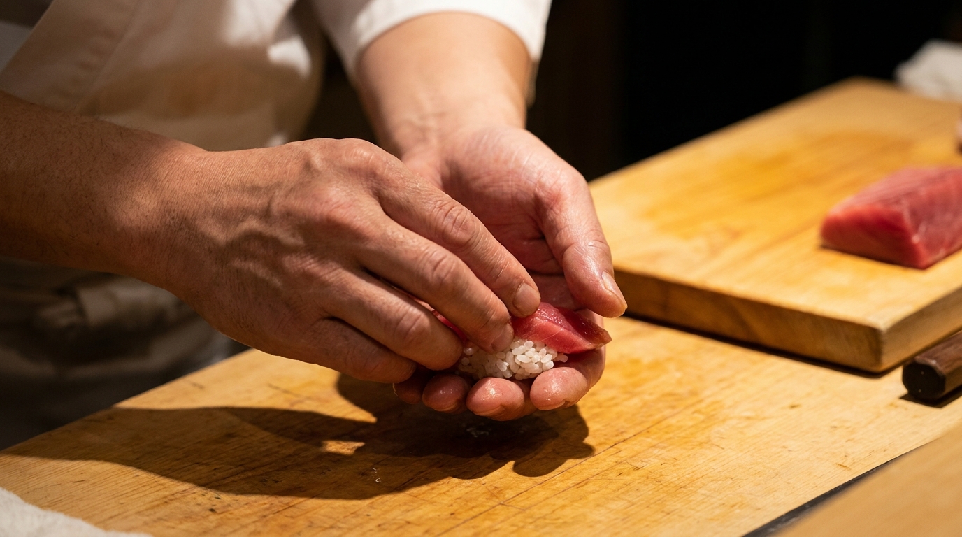 Sushi chef forming nigiri