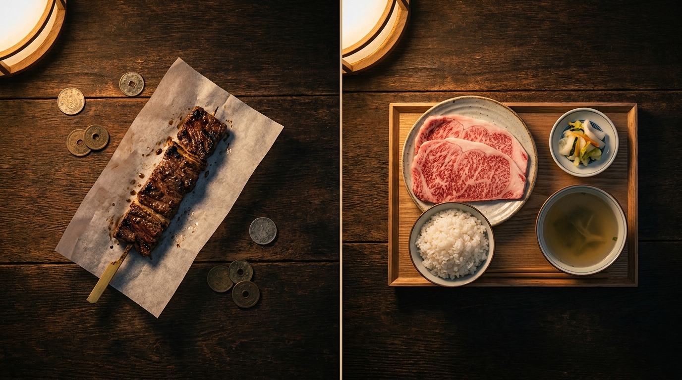 Comparison of a single wagyu skewer versus a complete yakiniku lunch set