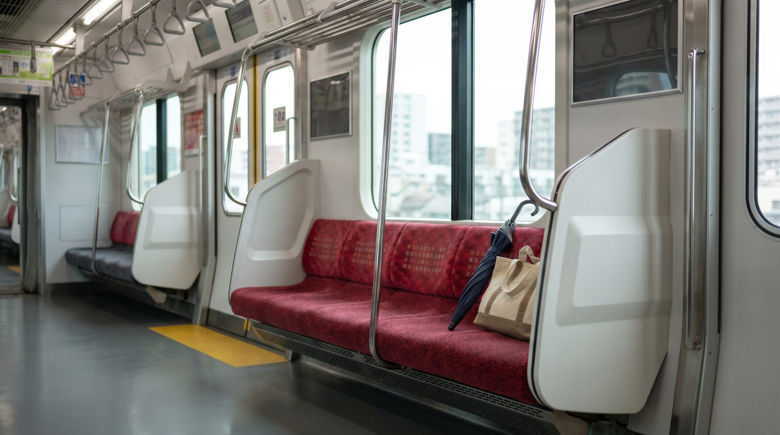 Empty Yamanote line seat with a forgotten umbrella and tote bag